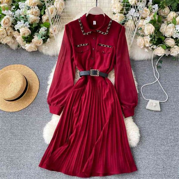 

lady fashion retro autumn winter dress women lapel long sleeve lace up high waist pleated slim vestidos q093 210527, Black;gray