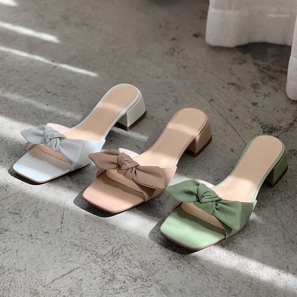 

summer women mules slippers bowties decoration genuine leather thick heels pumps wedding party shoes woman1, Black