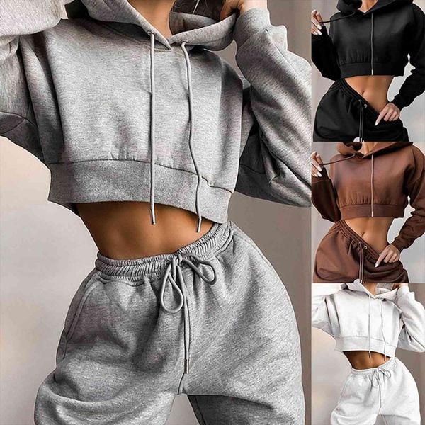 

warm tracksuit 2 piece womens pants set sportswear hooded long sleeve sweatshirt high waist female sets casual suit, White