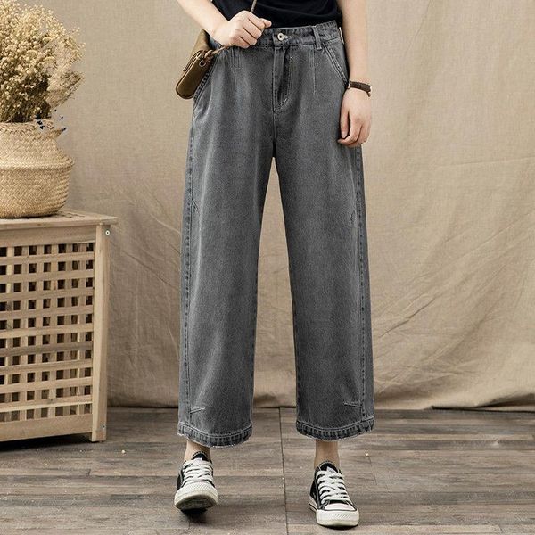 

women's jeans arrival 2021 spring korea fashion women high waist wide leg denim pants vintage gray loose casual plus size s897, Blue