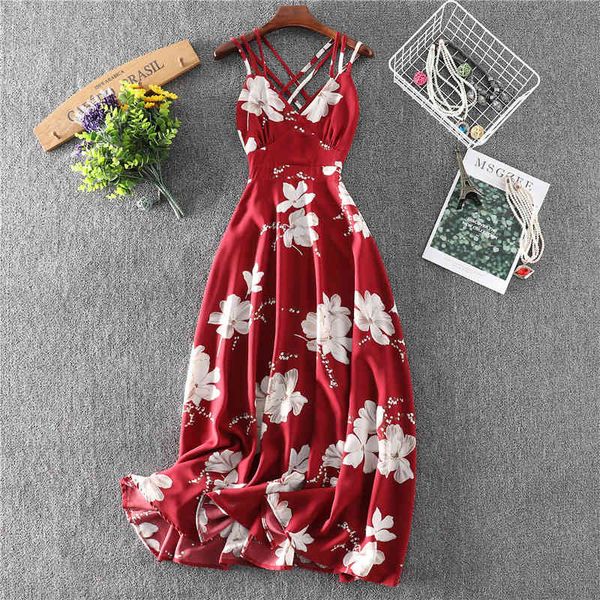 

women chiffon dress summer female vintage v-neck spaghetti strap sleeveless holiday bohemian backless beach sundress 210423, Black;gray