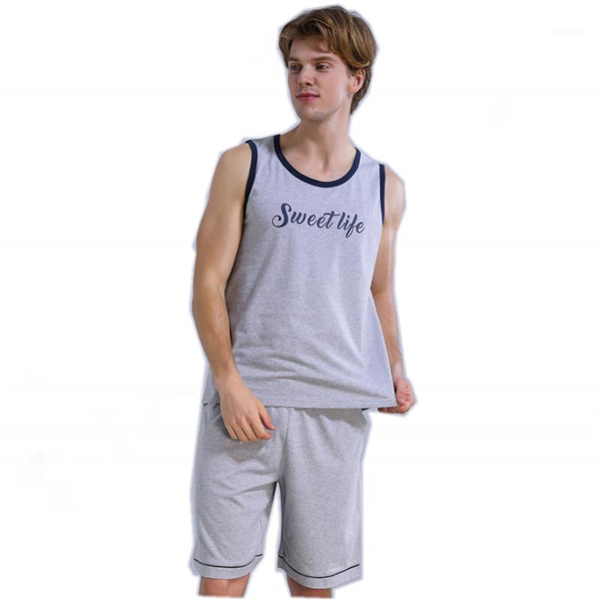 

men's sleepwear summer male plus size two-piece sets men casual letter print pajama 100% cotton suit vest shirt & half pants xxxl, Black;brown