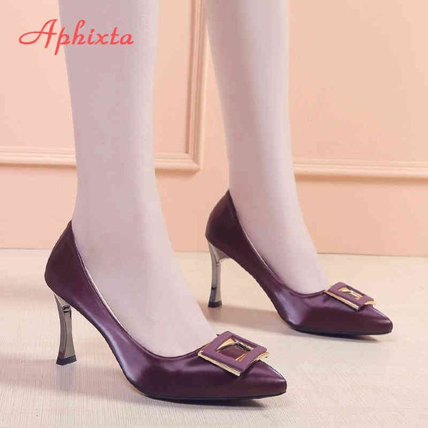 Aphixta 7cm Lama in metallo Tacchi Fibbia Matrimonio Ufficiale Party Pumps Donna Tacchi a spillo sottili Tacco a punta Scarpe Donna Big Size 44 K731