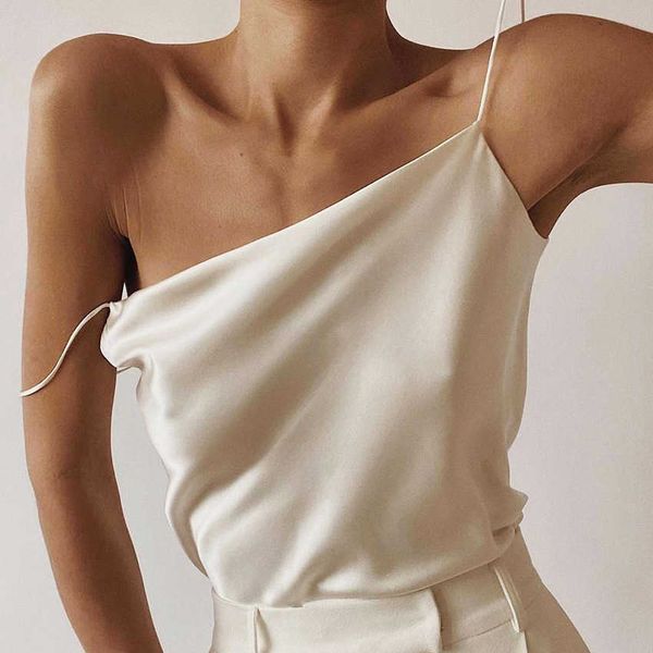 

solid satin sling women spring summer back simulation silk loose bottom fashion vest camis 210615, White
