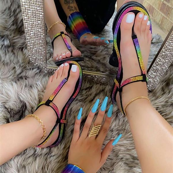 

sandals female summer fashion flat mature casual rainbow small flash diamond herringbone, Black