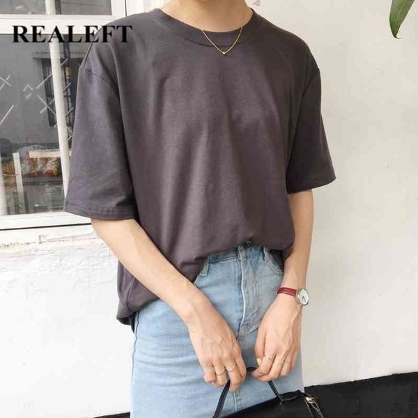

realeft new summer cotton solid short sleeve women's t-shirts basic 12 colors o-neck casual loose female shirts tee 210408, White