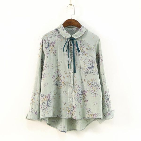 

women's blouses & shirts japanese sweet style early autumn product with doll collar long sleeve cotton loose printed floral shirt women, White