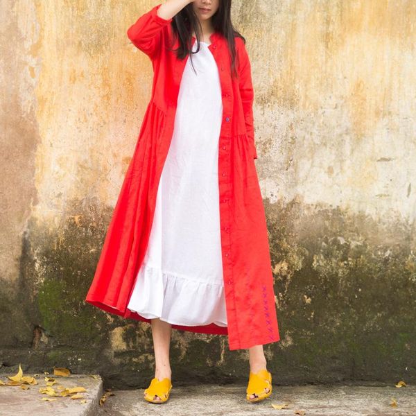 

casual dresses dress women solid color original literature linen o-neck long sleeve large size female clothes loose robe, Black;gray