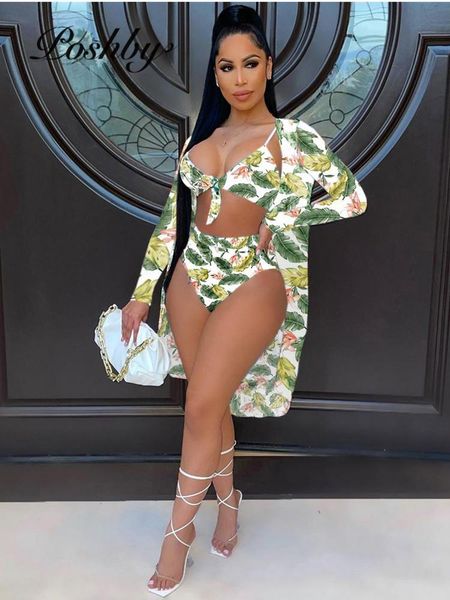 

poshby summer women green leaves pattern bikini set + cardigan holiday beach lounge swimsuits 2021 fashion wear two-piece suits