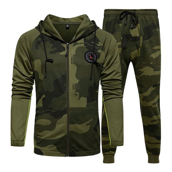 

men's hoodie set long sleeve loose casual trousers zipper pocket camouflage print basic clothing two-piece set essential classic style, Black