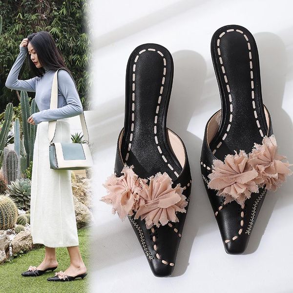

sandals royesic, 2021 women's sandals, retro, slippers, low heels, flowers, natural full leather, handmade, Black