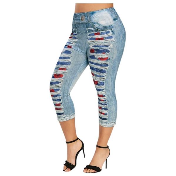 

women's leggings fashion lace panel denim summer capris jeggings plus size 3d crisscross print casual skinny pants, Black