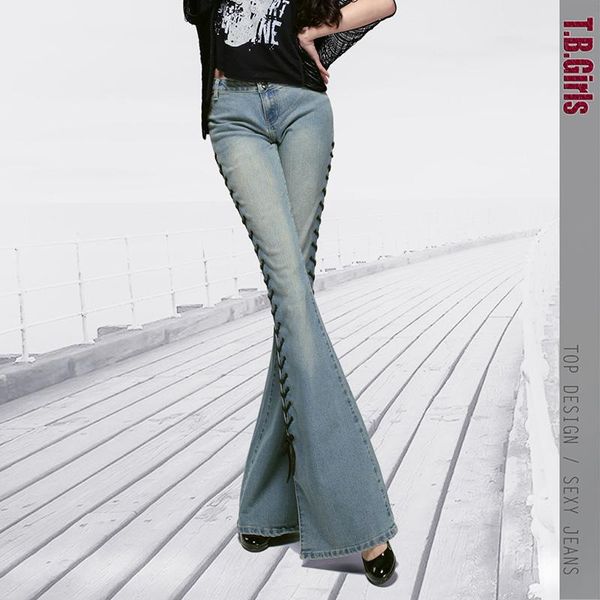 

r women mid waist flare trousers famale wide leg fashion boot cut jeans women's, Blue