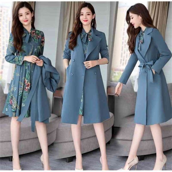 

spring autumn ladies suits for office wear long trench coat and knee length dress 2 piece set women formal dresses suit 201012, White;black