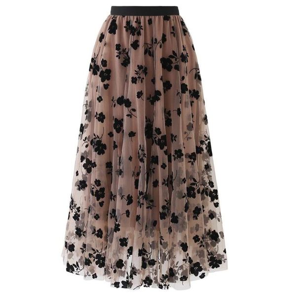 

skirts high waist long mesh skirt tulle women spring summer elastic pleated a-line female midi faldas jupe 2021, Black