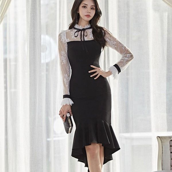 

casual dresses black and white hit color women dress korean style temperament ol pleated stand collar lace up ruffles mermaid, Black;gray