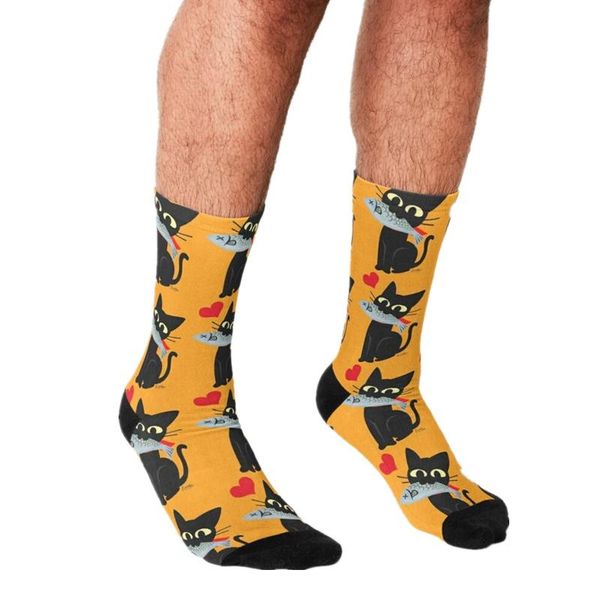 

men's socks funny harajuku cat get yellow cartoon printed hip hop men happy cute boys street style crazy for, Black