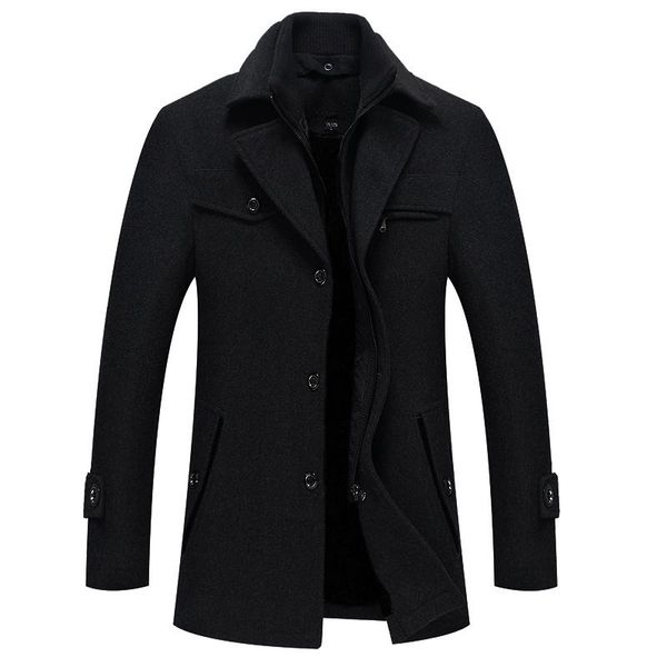 

men's wool & blends winter coat long overcoat autumn and trendy casual thickened medium-length tweed polyester, Black