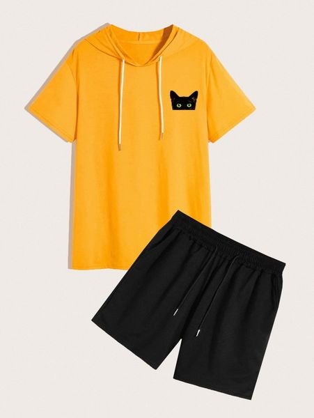 

men cat print drawstring hooded tee & track shorts k0kx#, Gray