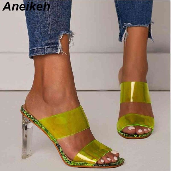 

fashion pvc transparent slippers summer shallow mouth wear open toe square with high heel women's 210507, Black