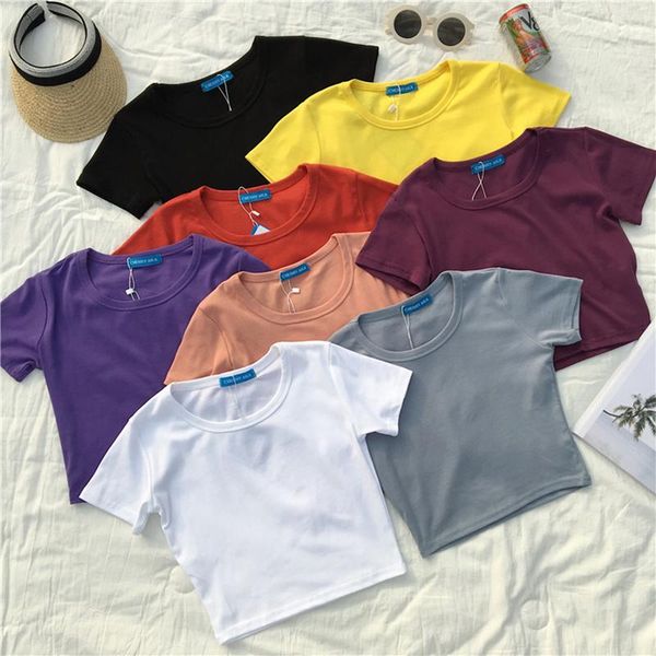 

women's t-shirt 8 solid color crop women korean chic slim all-match cool basic tshirt femme simple summer short sleeve t shirt whit, White