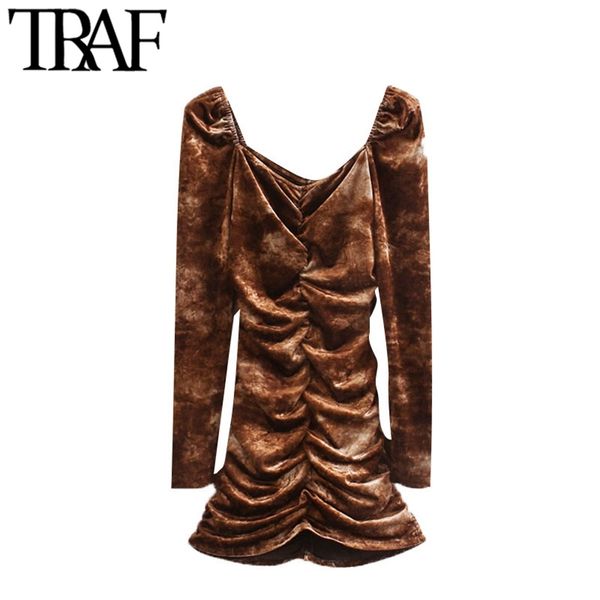 

women chic fashion pleated velvet mini dress vintage square collar long sleeve female dresses vestidos mujer 210507, Black;gray