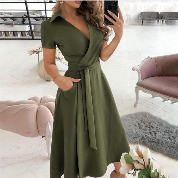 

spring summer midi casual boho women dress solid short sleeve print fashion strappy asymmetrical streetwear clothing red green, Black;gray