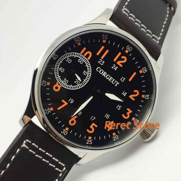 

corgeut 4mm human fashion mechanical clock black iron curtain stainless steel coating leather band 6497 hand winding lighting, Slivery;brown