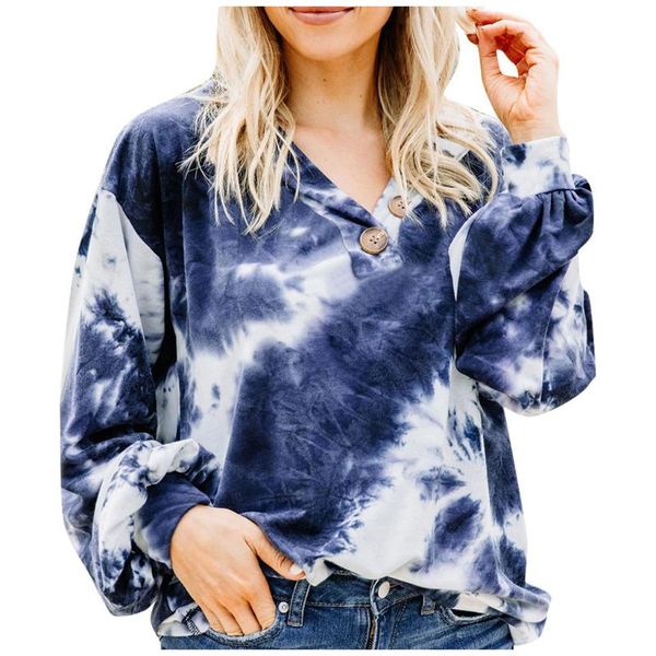 

women's hoodies & sweatshirts liva girl clothing fashion tie-dye v-neck buttons loose blouse sweatshirt, Black