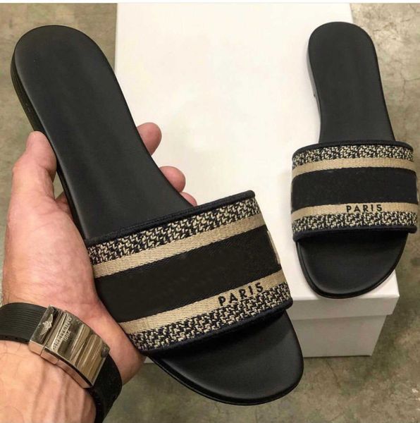 

summer designer dway slides flats women's sandals embroidery cotton upper women slip on flop flip beach slipper casual outdoor walking, Black