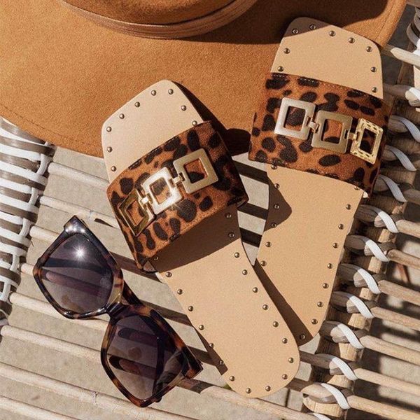 

2021women sandals leopard square toe ladies flat outdoor slides fashion metal decoration female shoes beach lady shoe slippers, Black