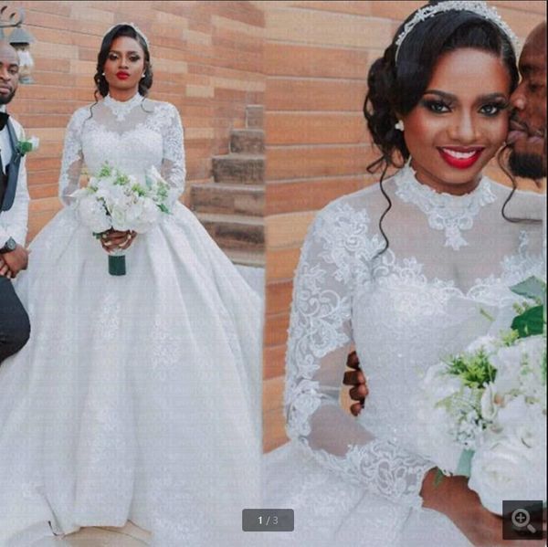 

2021 new arrival white satin ball gown wedding dresses beaded high neckline long sleeve lace appliques princess bridal gowns vintage court t