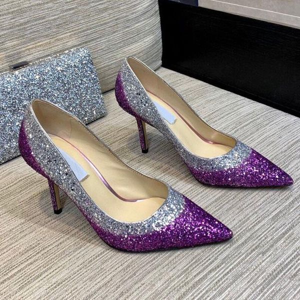 

2021new pointed toe shallow mouth gradient color sequins stiletto shoe heel womens wedding ladies fashion pumps 2, Black