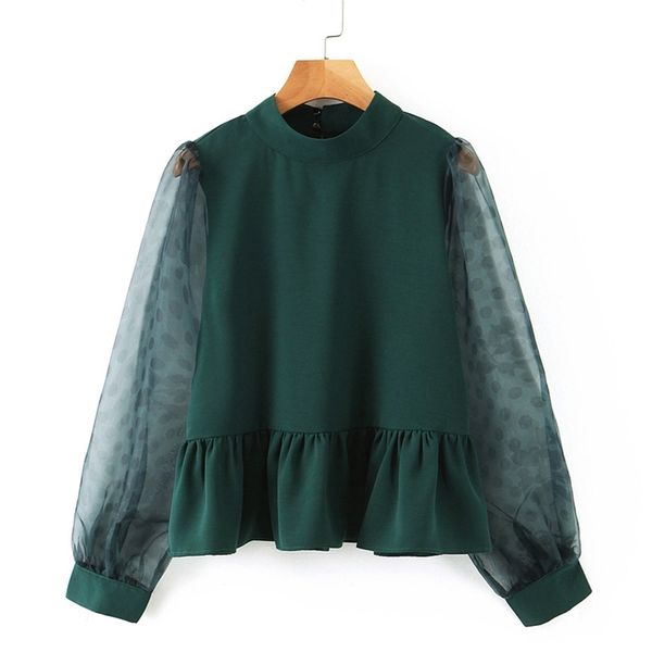 Vintage verde patchwork blusas mulheres moda casual o pescoço tops elegante perspectiva perspectiva organza manga longa camisas blusas 210531