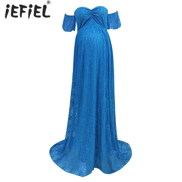 

maternity dresses lace dress for po shoot pregnant women off shoulder short sleeve maxi gown wedding pography props clothes, White