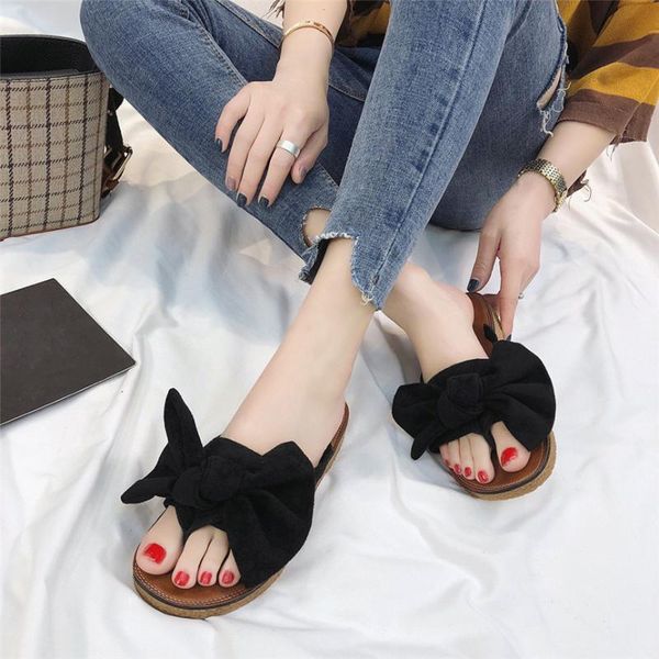 

slippers summer women flip flops fashion solid color bow tie flat heel sandals size 36-40 outdoor slipper beach shoes female, Black