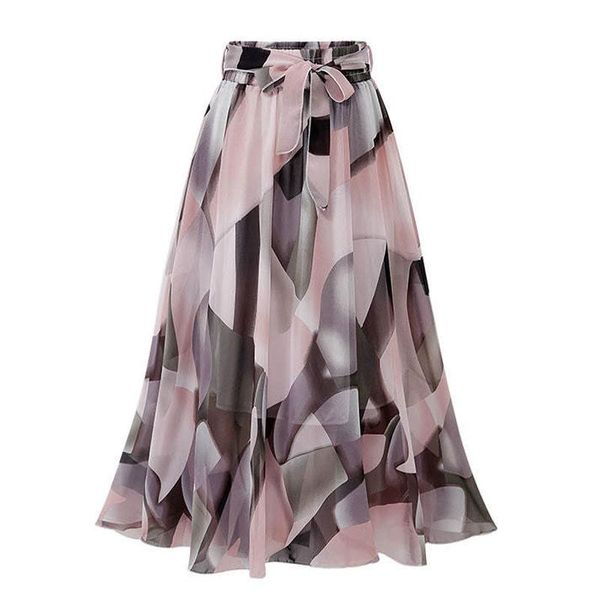 

skirts vintage floral print chiffon women sprint summer korean a line pink streetwear high waist ladies midi skirt, Black