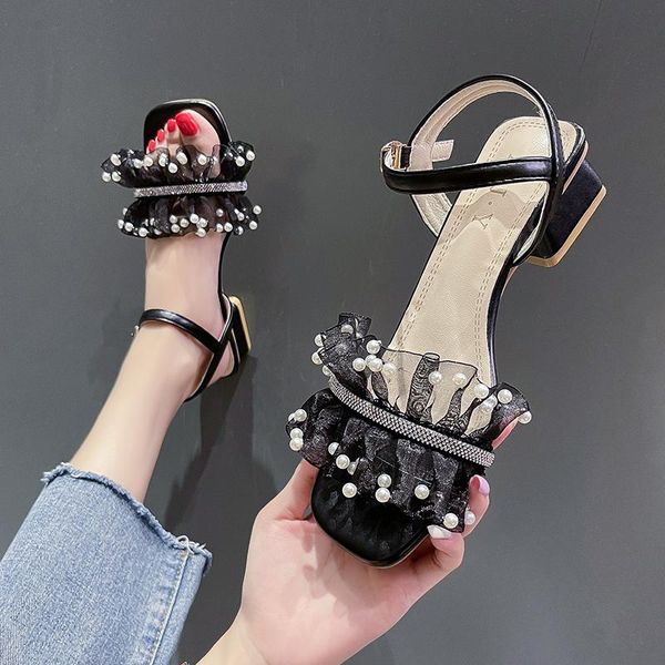 

sandals lace denim women's 2021 summer luxury buckle strap female shoe all-match med clear heels comfort fashion girls beige lac, Black