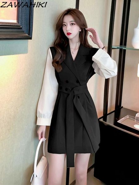 

casual dresses zawahiki long sleeve dress female autumn french retro temperament high waist contrast color buttons with sashes, Black;gray
