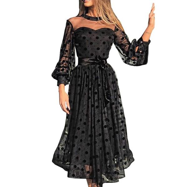 

women polka dot maxi dress ladies party black lace mesh sheer long dresses autumn sleeve sundress retro clothes casual, Black;gray