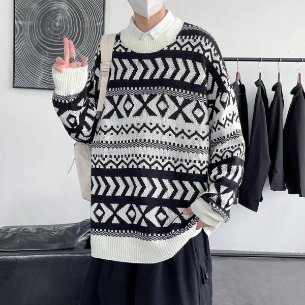

men's sweaters winter oversized clothing vintage sweater man autumn women's long-sleeved korean fashion black streetwear, White;black