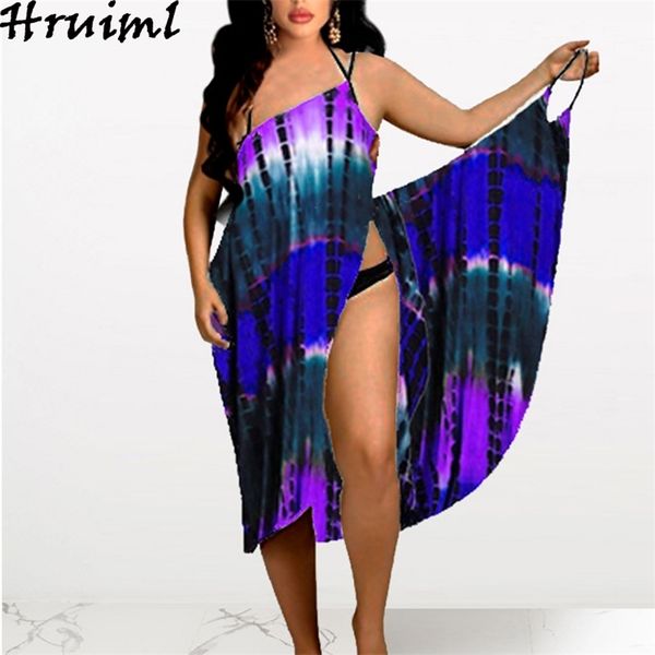 Nachtkleid Frauen Tie-Dye-Druck Hosenträger Halter Sexy Nähte Strand Clubwear tiefer V-Ausschnitt rückenfrei Vestiti Donna 210513