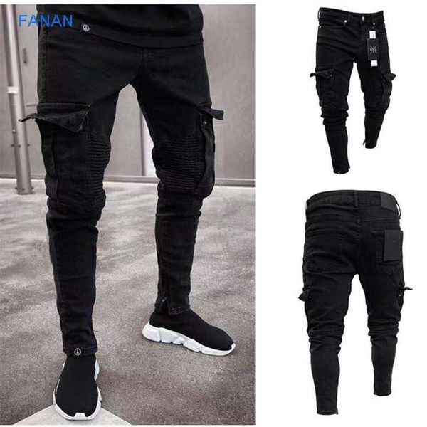 

stretch men's jeans trend knee hole zipper leg pants x0621, Blue