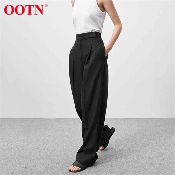 OOTN Pantaloni palazzo pieghettati neri Pantaloni estivi casual da donna a vita alta Abiti da lavoro da donna allentati da ufficio lunghi fino al pavimento 210915