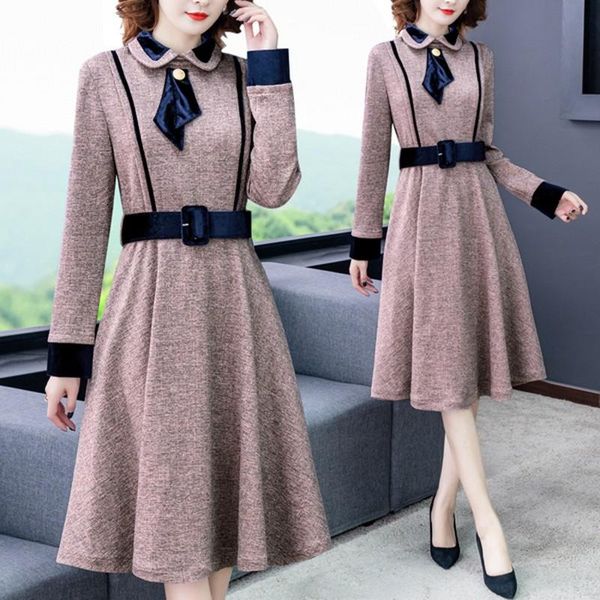

casual dresses 2021 autumn winter fashion elegant women vintage turn down collar long sleeve bowknot stitching dress vestidos, Black;gray