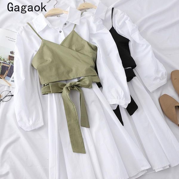 

women's tracksuits gagaok office lady women fashion two piece set 2021 spring autumn lapel splid mini dresses +short wild camis korean, Gray