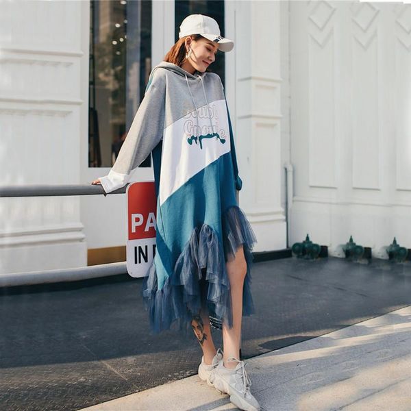 

nice autumn casual loose irregular women hoodies long sleeve clothes patchwork mesh hooded pullovers streetwear women's & sweatshirts, Black