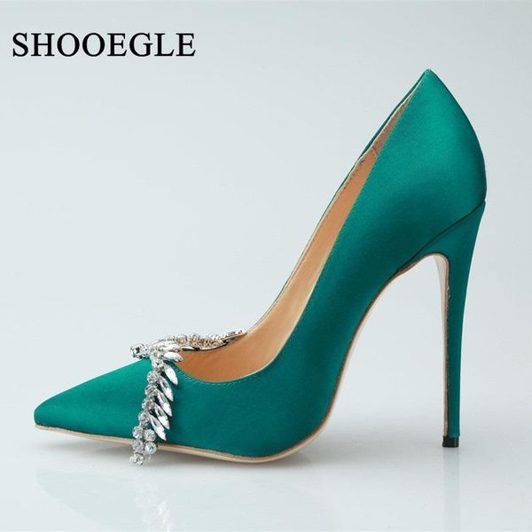 

shooegle green crystal shoes woman silk thin high heels women rhinestone pumps pointed toe stiletto party wedding dress, Black