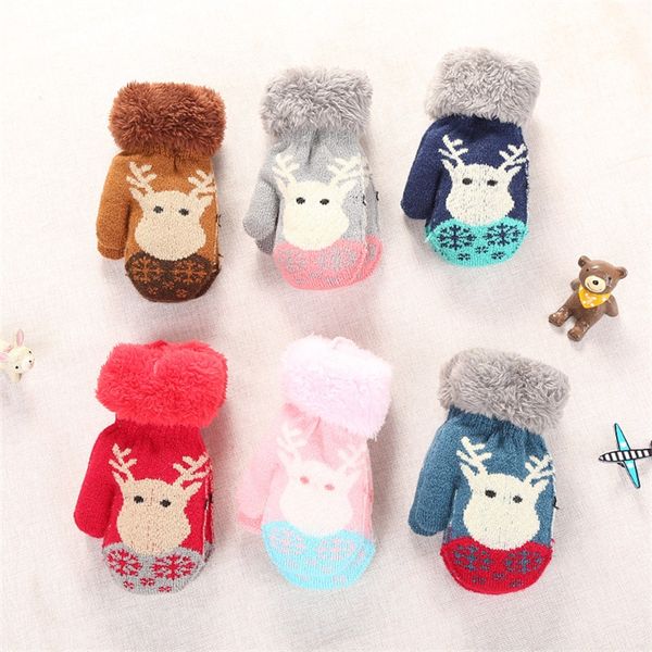 

3-year-old baby kids winter knitted gloves christmas elk cartoon fleece mitten boys girls double layers thick warm mitt plush glove 350c3, White