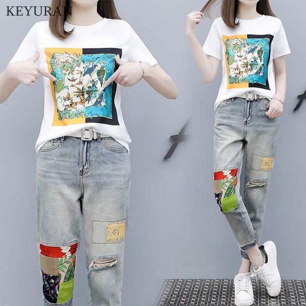 

women fashion print cotton short sleeve t-shirt + jeans 2 pieces sets summer casual hole women's denim pants tracksuit two piece, White